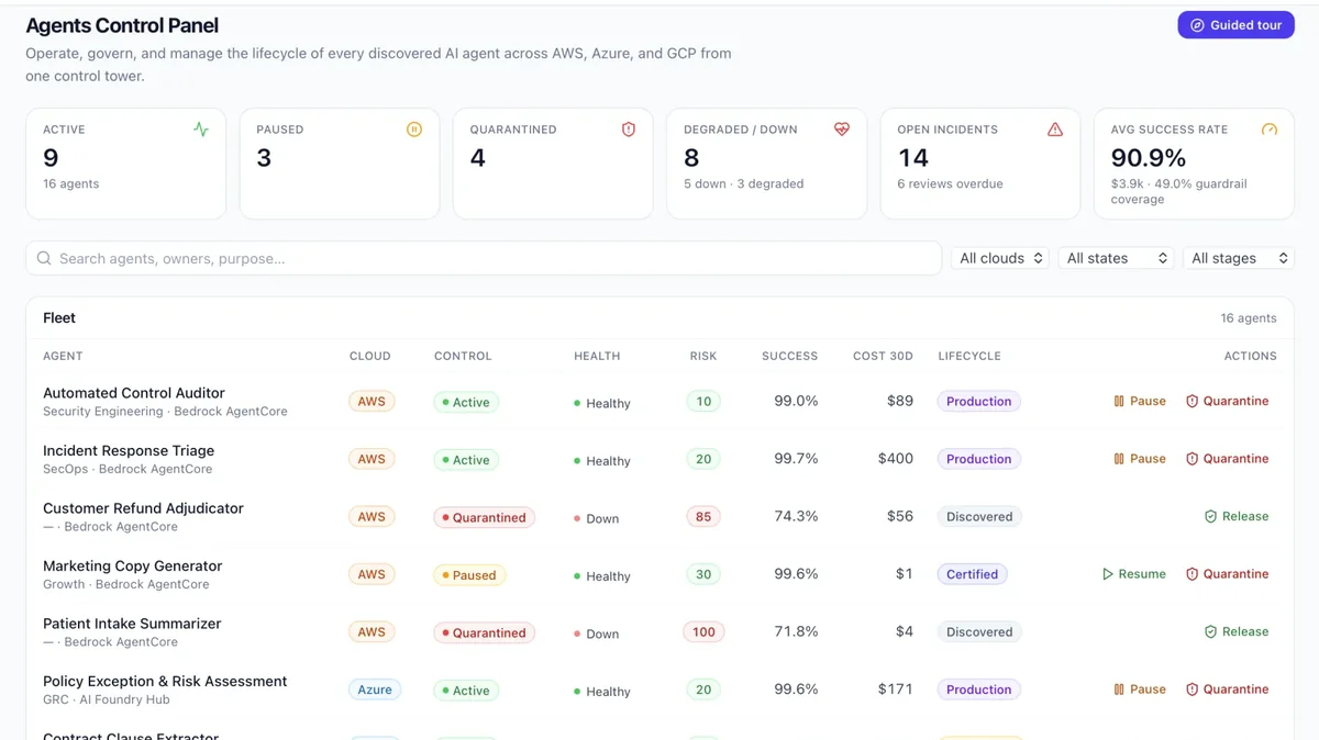 Atlas AI Agents Control Panel — a fleet table showing each agent's cloud, control state, health, risk score, success rate, 30-day cost and lifecycle stage, with pause, quarantine and release actions