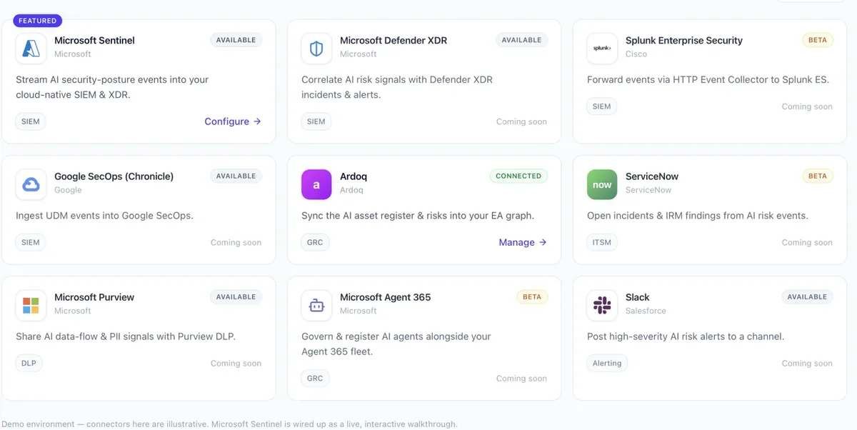 Atlas AI integrations page showing connectors for Microsoft Sentinel, Defender XDR, Splunk, Google SecOps, Ardoq, ServiceNow, Purview and Slack